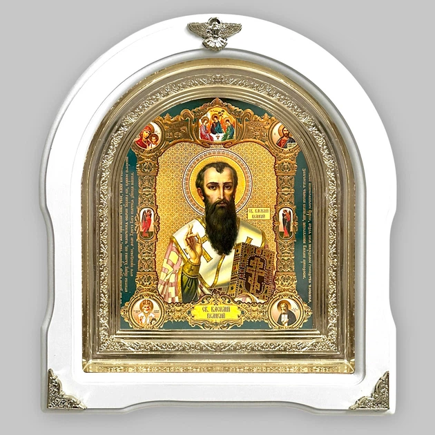 Икона Василий Великий Святитель, лик 15х18 см, в белом деревянном киоте, арка, 53100 - Фото 1 Икона Василий Великий Святитель, лик 15х18 см, в белом деревянном киоте, арка, 53100 - изображение 1