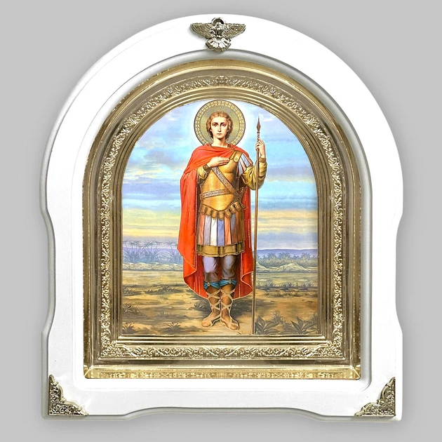 Икона Георгию святому Великомученику и победоносцу, лик 15х18 см, в белом деревянном киоте, арка, 53098 - Фото 1 Икона Георгию святому Великомученику и победоносцу, лик 15х18 см, в белом деревянном киоте, арка, 53098 - изображение 1