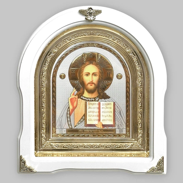 Икона Господа Вседержителя, лик 15х18 см, в белом деревянном киоте, арка, 08970 - Фото 1 Икона Господа Вседержителя, лик 15х18 см, в белом деревянном киоте, арка, 08970 - изображение 1