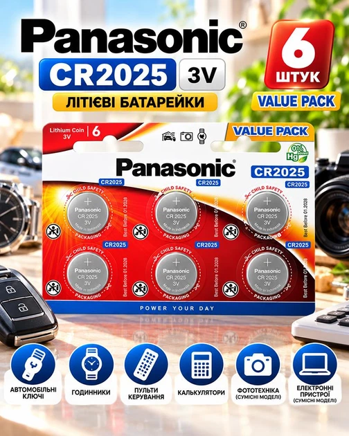 Батарейка литиевая Panasonic CR 2025 3V 6 штук в упаковке (5410853043829) - Фото 2 Батарейка литиевая Panasonic CR 2025 3V 6 штук в упаковке (5410853043829) - изображение 2