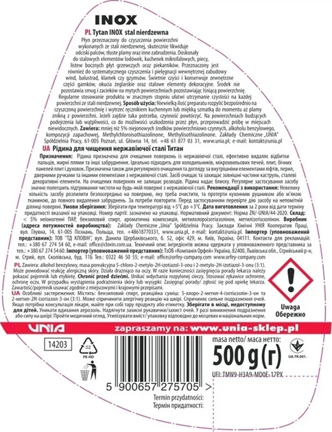 Środek do czyszczenia powierzchni ze stali nierdzewnej Tytan Inox 500 g (5900657275705) - Zdjęcie 2 Środek do czyszczenia powierzchni ze stali nierdzewnej Tytan Inox 500 g (5900657275705) - obraz 2