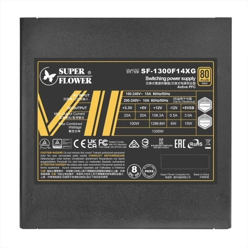 Блок живлення 1300 Вт, Super Flower LEADEX VII XG, Black, модульний, 80+ Gold, Active PFC, 14 см FDB, 4xMolex / 12xSATA / 1x16-pin / 4x6+2-pin / 2x4+4-pin / 1x20+4-pin, захист OVP/OCP/OPP/SCP/UVP/OTP/NLO/SIP, ATX3.1 (SF-1300F14XG) - изображение 5