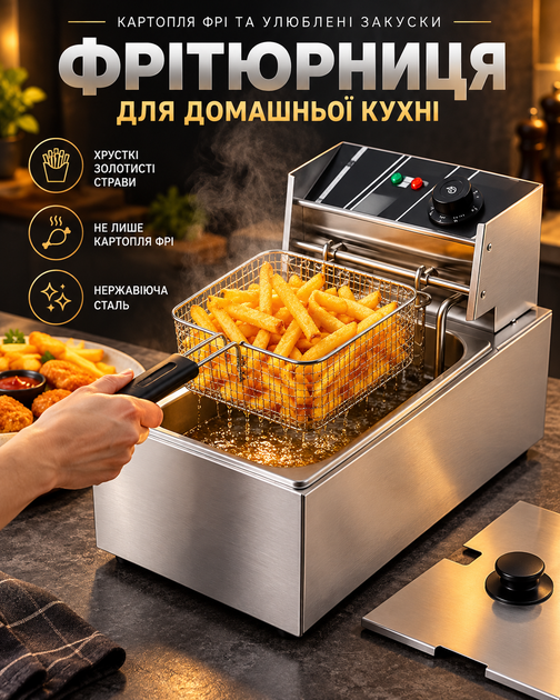 Электрическая фритюрница 6 л с корзиной и крышкой, нержавеющая сталь - изображение 3