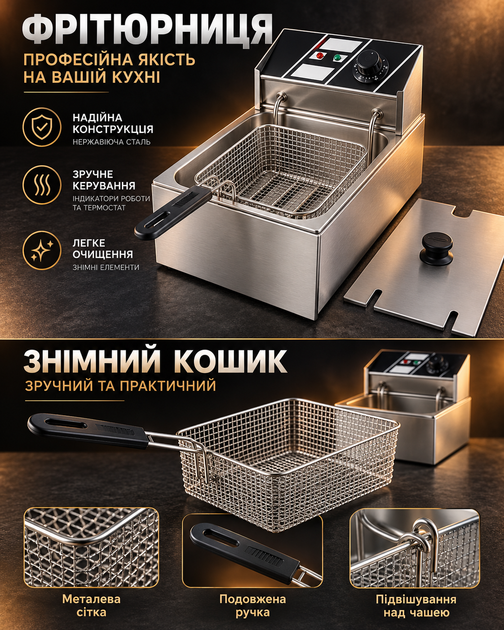 Электрическая фритюрница 6 л с корзиной и крышкой, нержавеющая сталь - изображение 5