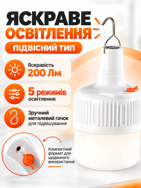 USB LED Лампа світлодіодна на акумуляторі, портативний кемпінговий світильник - Фото 2 USB LED Лампа світлодіодна на акумуляторі, портативний кемпінговий світильник - зображення 2