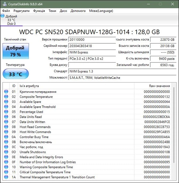 SSD диск M.2 NVMe 128GB Western Digital SN520 2280 б/у - Фото 2 SSD диск M.2 NVMe 128GB Western Digital SN520 2280 б/у - изображение 2