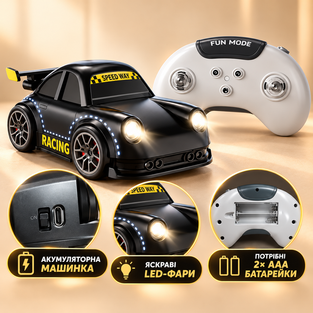 Детская машинка на пульте управления и LED-подсветкой (черная, 2.4G, 360°) - Фото 5 Детская машинка на пульте управления и LED-подсветкой (черная, 2.4G, 360°) - изображение 5