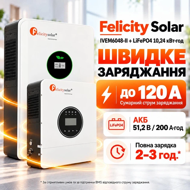 Комплект резервного питания Felicity 48v / 6000 Вт / 10,24 кВт*ч LiFePO4 аккумулятор FLA48200 + Felicity Solar IVEM6048-II 6 кВт / Wi-Fi / подзарядка до 120 А - изображение 7