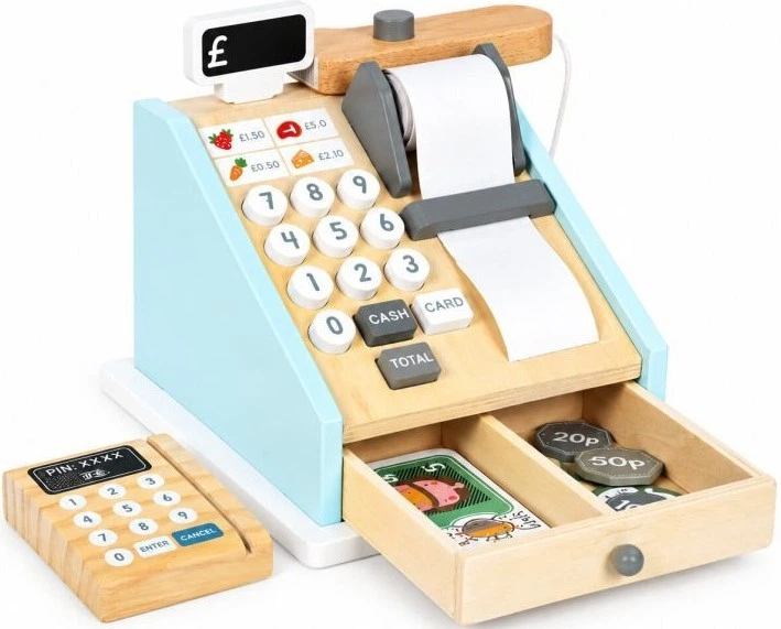 Drewniana kasa fiskalna dla dzieci EcoToys z terminalem, skanerem, banknotami, monetami i kartą (5905817013371) - obraz 6