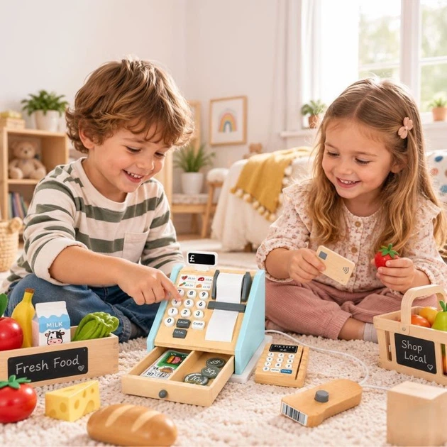 Drewniana kasa fiskalna dla dzieci EcoToys z terminalem, skanerem, banknotami, monetami i kartą (5905817013371) - obraz 10