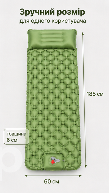 Надувний туристичний каремат зелений 185×60×6 см із вбудованим насосом і подушкою - зображення 5