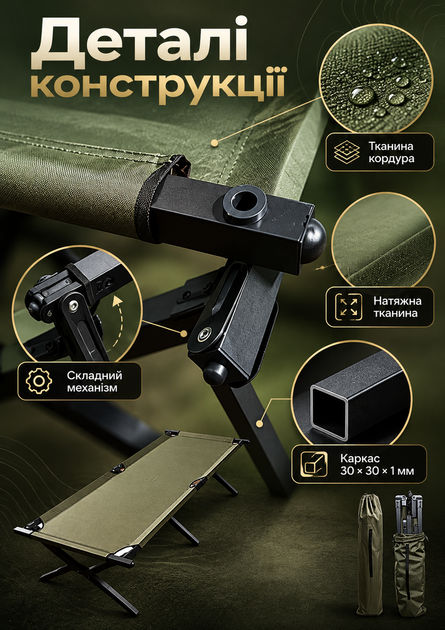 Усиленная армейская раскладушка Senya 193×67×41 см до 250 кг со стальным каркасом и тканью Оксфорд оливковая - изображение 2