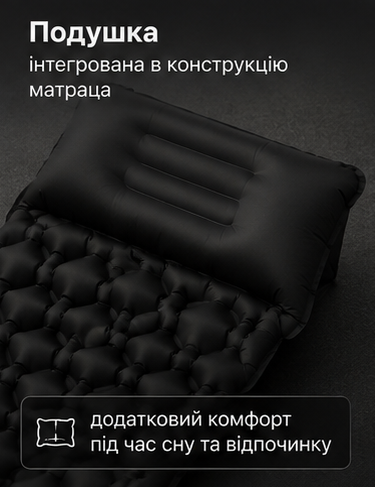 Надувний туристичний каремат чорний 185×60×6 см із вбудованим насосом і подушкою - зображення 5