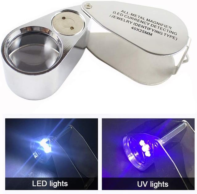 Ювелірна лупа Alomejor 40X з LED-підсвіткою, збільшувальне скло з 2 світлодіодами, кишенькова лінза для монет, каменів і деталей - зображення 4