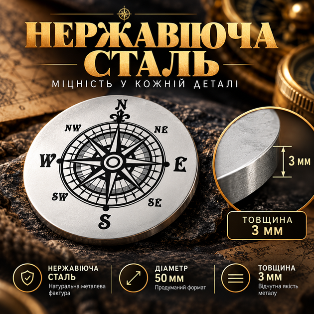 Сувенірна монета 50х3 мм з нержавіючої сталі з гравіюванням компаса Сталь (232001) - зображення 4
