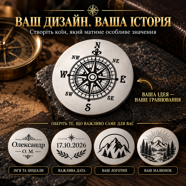 Сувенірна монета 50х3 мм з нержавіючої сталі з гравіюванням компаса Сталь (232001) - зображення 5