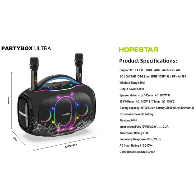 Портативная колонка HOPESTAR Party Box Ultra с 2-мя микрофонами 550W Черная - изображение 2