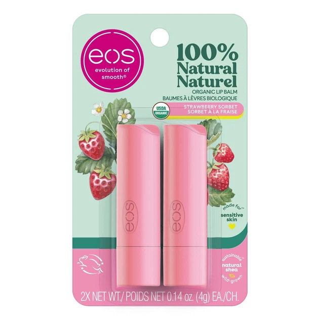 Органічний бальзам для губ EOS із маслом ши з ароматом полуничного щербету 2 шт по 4 г - Фото 1 Органічний бальзам для губ EOS із маслом ши з ароматом полуничного щербету 2 шт по 4 г - зображення 1