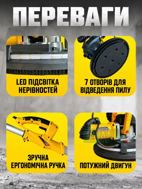 Шліфувальна машина для стін і стель «Жираф» 1250 Вт із пилозбірником і телескопічною штангою, жовта - зображення 7