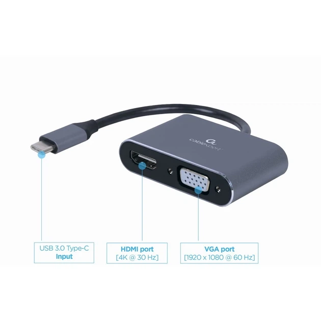 Переходник Gembird USB Type-C – HDMI + VGA Gray (8716309121347) - Фото 2 Переходник Gembird USB Type-C – HDMI + VGA Gray (8716309121347) - изображение 2
