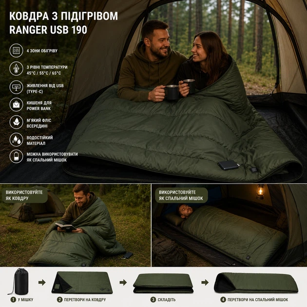 Спальный мешок-одеяло с подогревом Ranger USB 190 (RA 6664) - изображение 7
