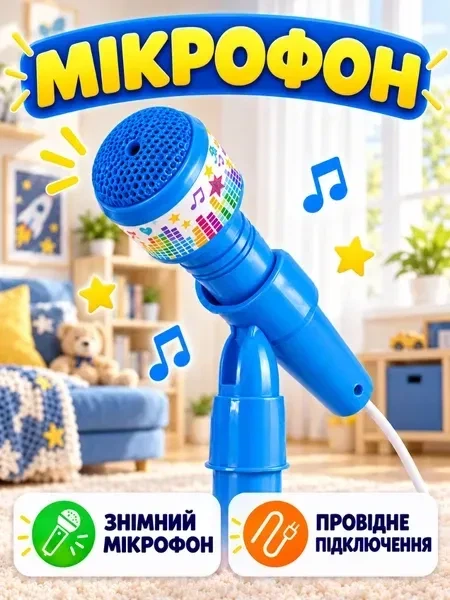 Дитячий мікрофон на телескопічній стійці до 100 см зі світлозвуковими ефектами та підключенням до телефону для караоке блакитний (37261589) - зображення 4