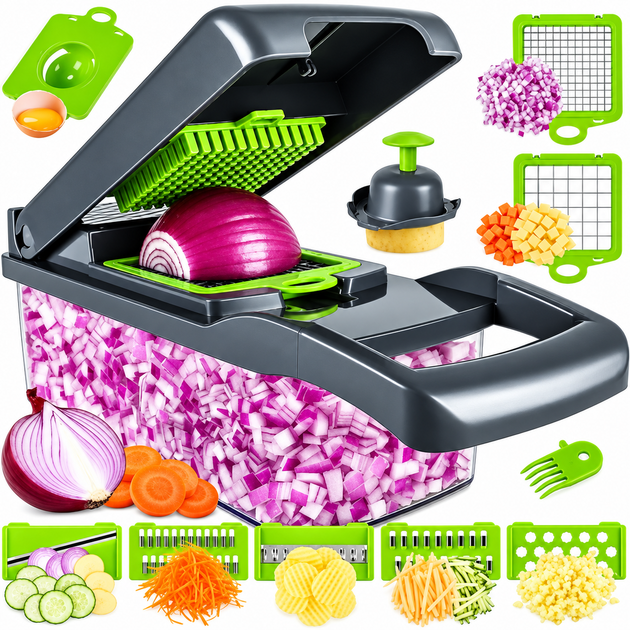 Універсальна овочерізка-мультислайсер Nicer Dicer 1857 з контейнером і змінними насадками для нарізування кубиками, скибочками - Фото 2 Універсальна овочерізка-мультислайсер Nicer Dicer 1857 з контейнером і змінними насадками для нарізування кубиками, скибочками - зображення 2