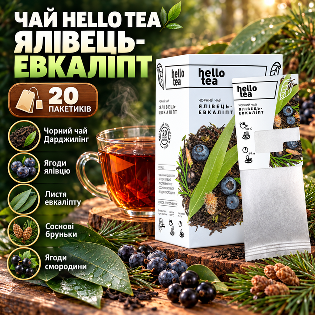Чай черный Hello Tea Можжевельник Эвкалипт 20 пакетиков Дарджилинг с ягодами смородины сосновыми почками листьями эвкалипта можжевельником - Фото 1 Чай черный Hello Tea Можжевельник Эвкалипт 20 пакетиков Дарджилинг с ягодами смородины сосновыми почками листьями эвкалипта можжевельником - изображение 1