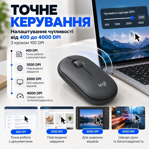 Бездротова Bluetooth миша Logitech Pebble Mouse 2 M350s 4000 DPI Multi-Device, графітова - изображение 6
