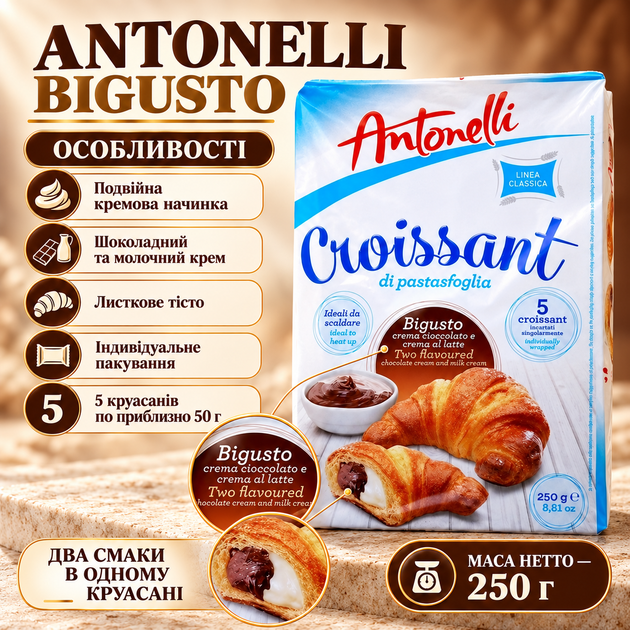Круассаны Antonelli Croissant Bigusto с шоколадно-молочной начинкой 250 г 5 шт. по 50 г слоеные с двойным кремом в индивидуальных упаковках - изображение 2