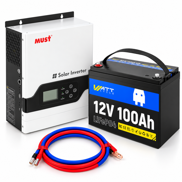 Комплект резервного питания MUST PV18-1512VPM 1500 Вт + аккумулятор WattCycle LiFePO4 12.8 В 100 А·ч (1280 Вт·ч) + медные кабели подключения АКБ 25 мм², 1 м - изображение 5