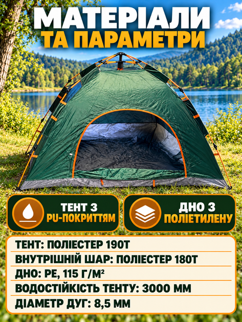 Палатка-трансформер туристическая саморазкладная автоматическая 190х190х140 см, Вместительная палатка автомат для кемпинга, Зеленая (37261525) - изображение 6