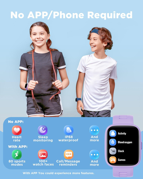 Дитячий смартгодинник VERFIT 01 1,83″ HD, Find My для iOS, 80 спортивних режимів, пульс, SpO2, 5 ігор, IP68, фіолетовий - зображення 3
