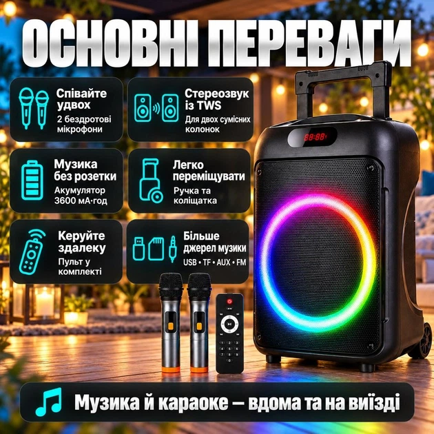 Активная акустическая система bluetooth 40 Вт с динамиком 12 дюймов, двумя беспроводными микрофонами и RGB-подсветкой - Фото 5 Активная акустическая система bluetooth 40 Вт с динамиком 12 дюймов, двумя беспроводными микрофонами и RGB-подсветкой - изображение 5