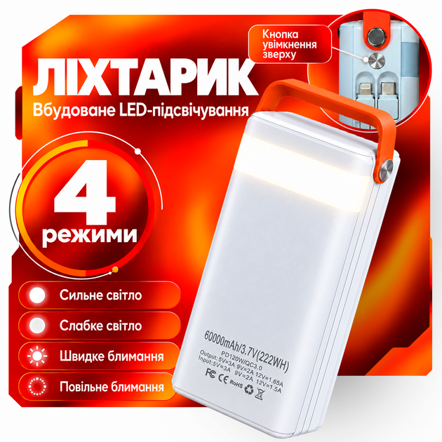 УМБ павербанк батарея powerbank 60000 mAh 120W Fast charge швидка зарядка з ліхтариком Kayfovo QR-26 - Фото 3 УМБ павербанк батарея powerbank 60000 mAh 120W Fast charge швидка зарядка з ліхтариком Kayfovo QR-26 - изображение 3