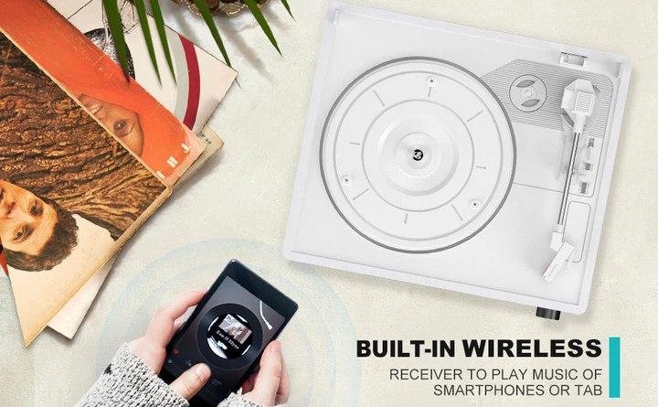 Виниловый проигрыватель со встроенными динамиками, Bluetooth, 3 скоростями, AUX, RCA и наушниками, ретро проигрыватель пластино белый - изображение 2