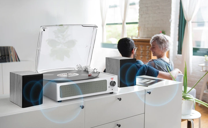 Виниловый проигрыватель со встроенными динамиками, Bluetooth, 3 скоростями, AUX, RCA и наушниками, ретро проигрыватель пластино белый - изображение 3