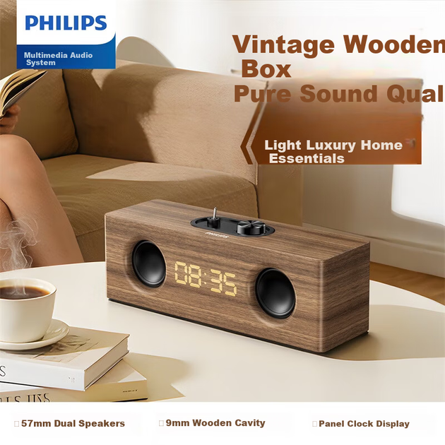 PHILIPS SPA3909 Bluetooth-колонка для комп'ютера, аудіо, домашній настільний ноутбук, дерев'яний годинник-колонка з глибокими басами - зображення 4