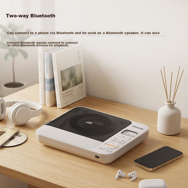 PHILIPS EXP5608WT Модний CD-програвач, портативна настільна аудіосистема CD, двосторонній Bluetooth-програвач CD, подарунок для хлопця, стереодинамік для музичного альбому, білий - изображение 4