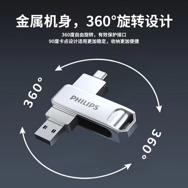 Флеш-накопитель PHILIPS 512 ГБ Type-C USB 3.2 с двойным интерфейсом для телефона, металлический корпус 61UT-D с вращающимся креплением, высокая скорость чтения/записи, прочный, подходит для бизнеса, офиса и учебы. - изображение 7