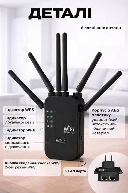 Усилитель Wi-Fi сигнала 6 антенн репитер беспроводной 2.4 GHz WiFi усилитель интернета для дома квартиры офиса - изображение 2