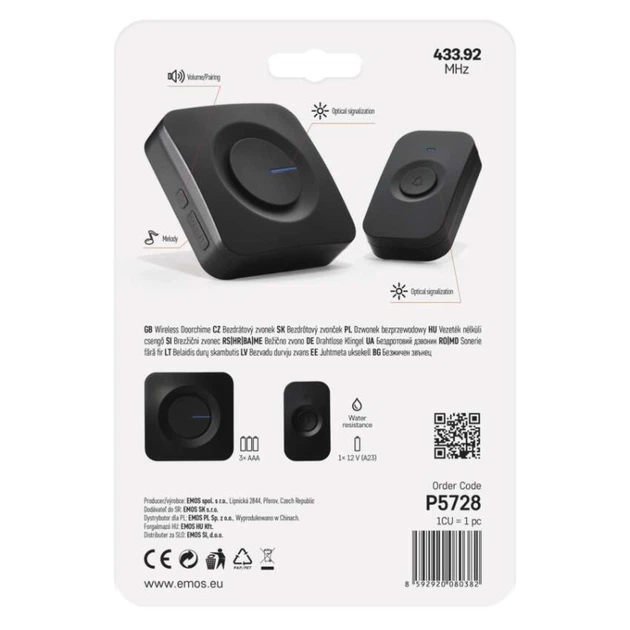 Бездротовий дверний дзвінок EMOS P5728, 52 мелодії, 180 м, 3×AAA, кнопка IP56 - Фото 10 Бездротовий дверний дзвінок EMOS P5728, 52 мелодії, 180 м, 3×AAA, кнопка IP56 - зображення 10