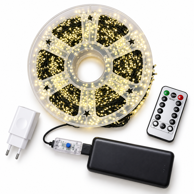 Гирлянда Хвойная Лапа Мишура 150 м, 3000 LED, USB, теплая белая, зеленая проволока, 8 режимов, с пультом - изображение 2