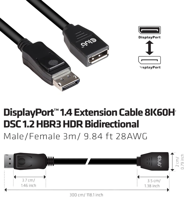 Kabel Club 3D DisplayPort - DisplayPort 1.4 przedłużający 3 m Black (CAC-1023) - obraz 5