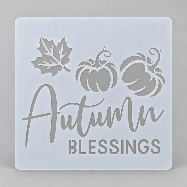 Трафарет для торта з гарбузами та осіннім листям Autumn Blessings для декорування випічки 15 на 15 см сірий - Фото 1 Трафарет для торта з гарбузами та осіннім листям Autumn Blessings для декорування випічки 15 на 15 см сірий - зображення 1