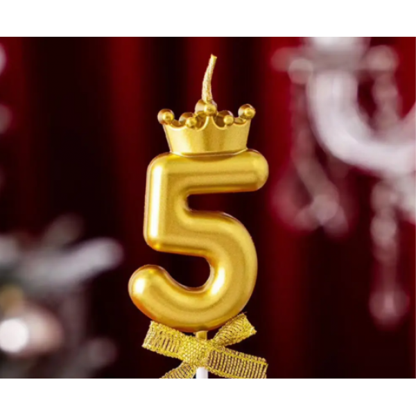 Свічка-цифра "5" з короною ЗОЛОТО - Фото 1 Свічка-цифра "5" з короною ЗОЛОТО - зображення 1
