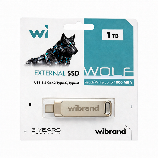 Портативный твердотельный накопитель SSD Wibrand Wolf 1TB USB 3.2 Gen.2 Type-C/Type-A Read/Write 1000MB/s Silver (WIEXSSD/WO1TB) - изображение 7
