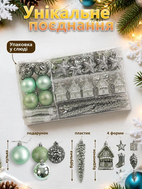 Набір новорічних прикрас на ялинку 72 шт — пластикові кульки, бурульки та будиночки з глітером для святкового декору - зображення 2