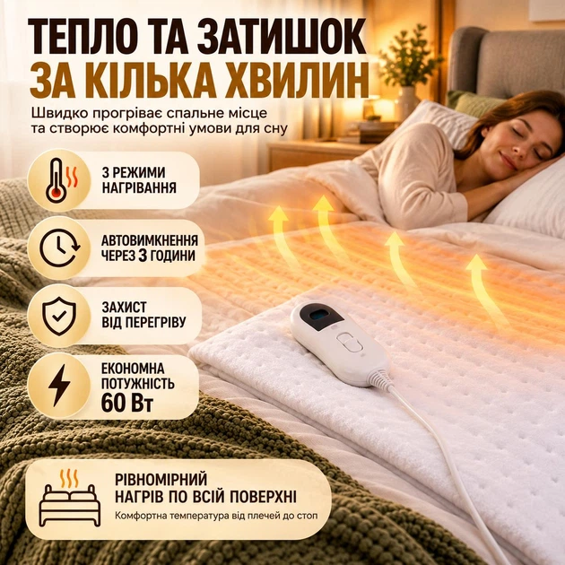 Електроковдра з підігрівом електричне простирадло ковдра для ліжка електро наматрасник 3 режими нагріву з автоматичним вимкненням 150x80 см світлодіодний LED індикатор з регулюванням температури 60Вт біла - зображення 2
