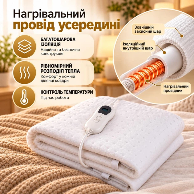 Електроковдра з підігрівом електричне простирадло ковдра для ліжка електро наматрасник 3 режими нагріву з автоматичним вимкненням 150x80 см світлодіодний LED індикатор з регулюванням температури 60Вт біла - зображення 8